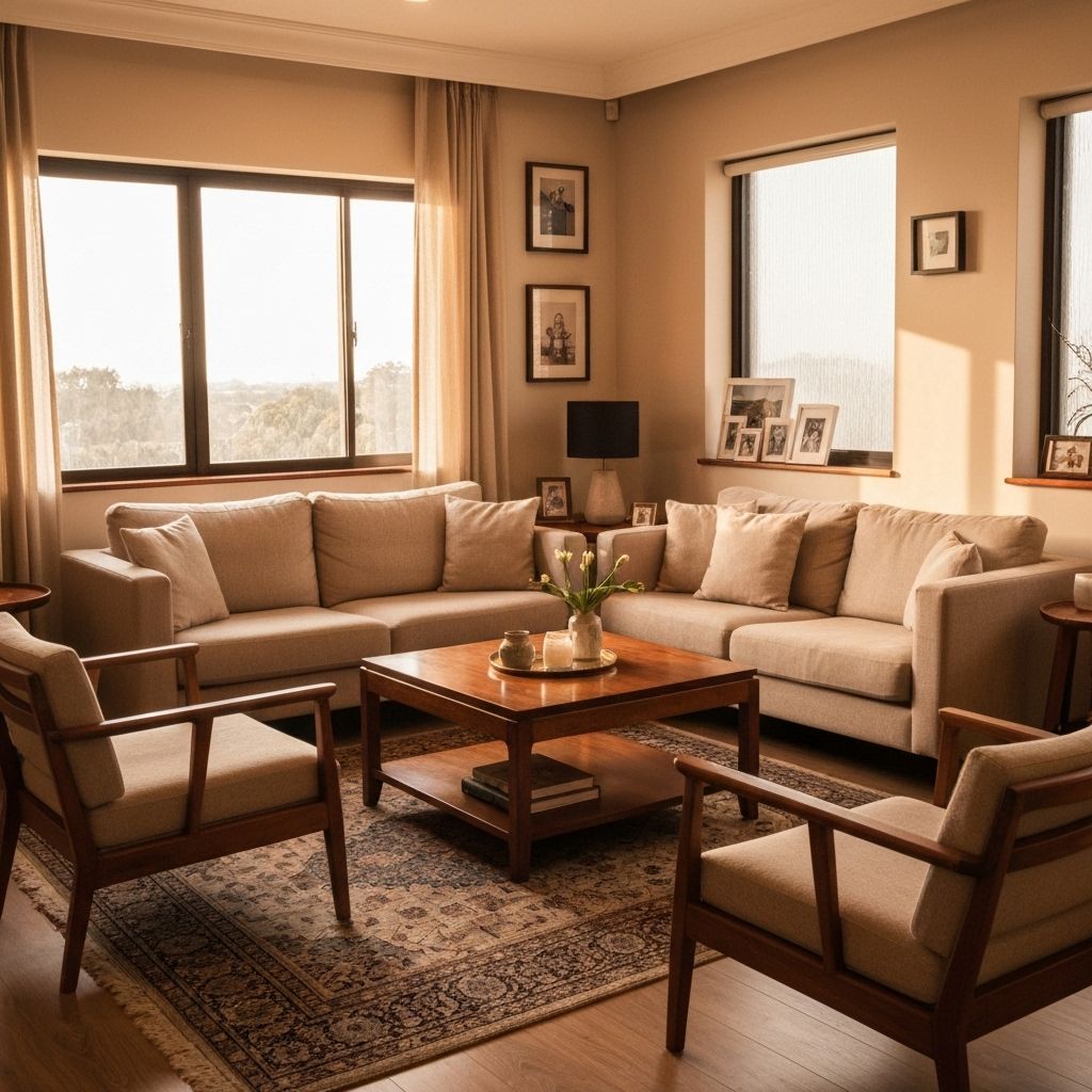 Warm living room with wooden furniture